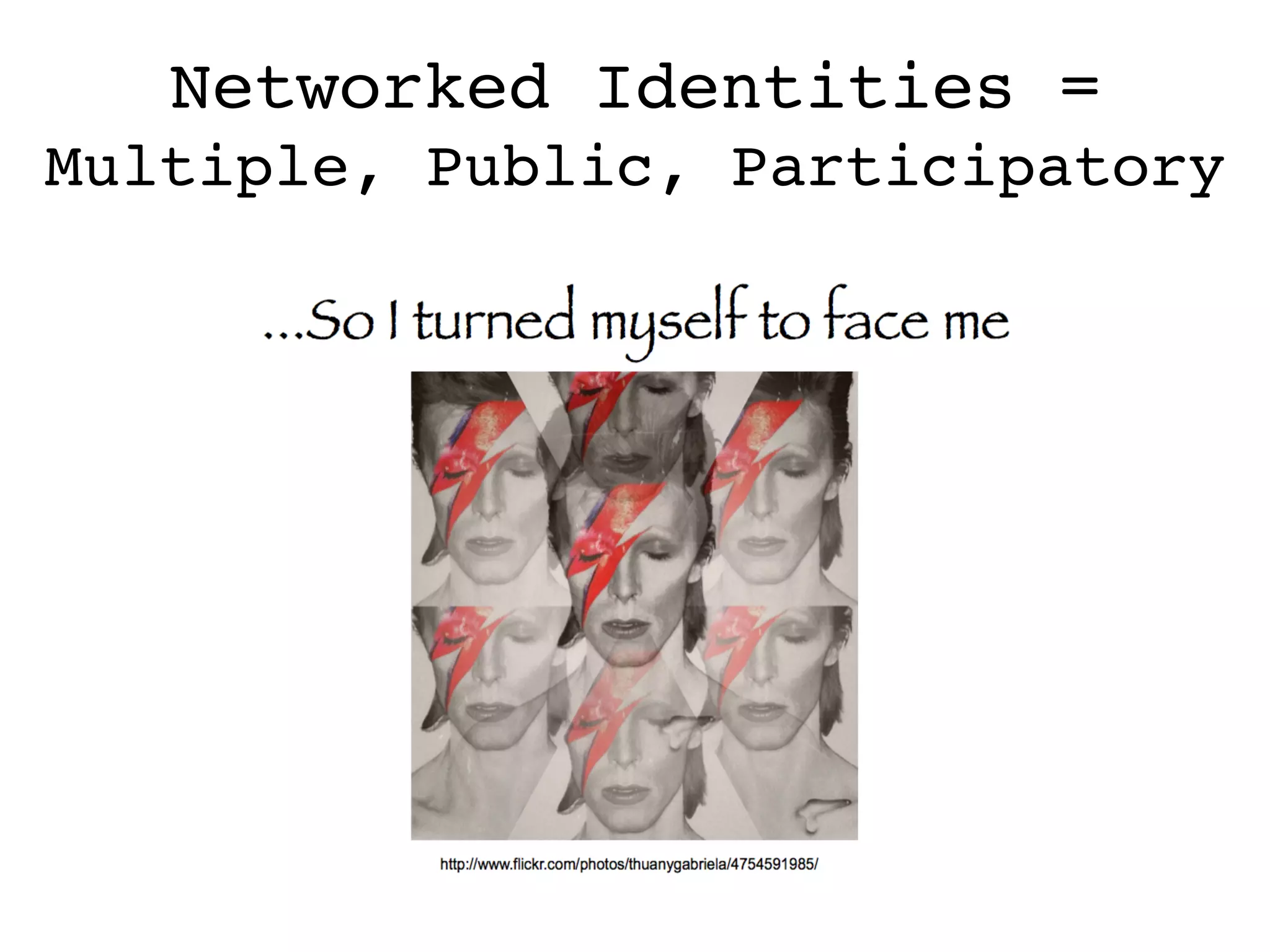 Networked Identities =  
Multiple, Public, Participatory
 