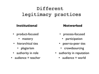 Different  
legitimacy practices 	
  
Institutional	
  
•  product-focused	

•  mastery	

•  hierarchical ties	

•  plagiarism	

•  authority in role	

•  audience = teacher	

Networked	

•  process-focused	

•  participation	

•  peer-to-peer ties	

•  crowdsourcing 	

•  authority in reputation	

•  audience = world	

 