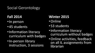 Social Gerontology
Fall 2014
•In person
•45 students
•Information literacy
curriculum with badges
•In-person library
instruction, 3 sessions
Winter 2015
•Online
•53 students
•Information literacy
curriculum without badges
•Online activities, feedback
on all IL assignments from
librarian
 