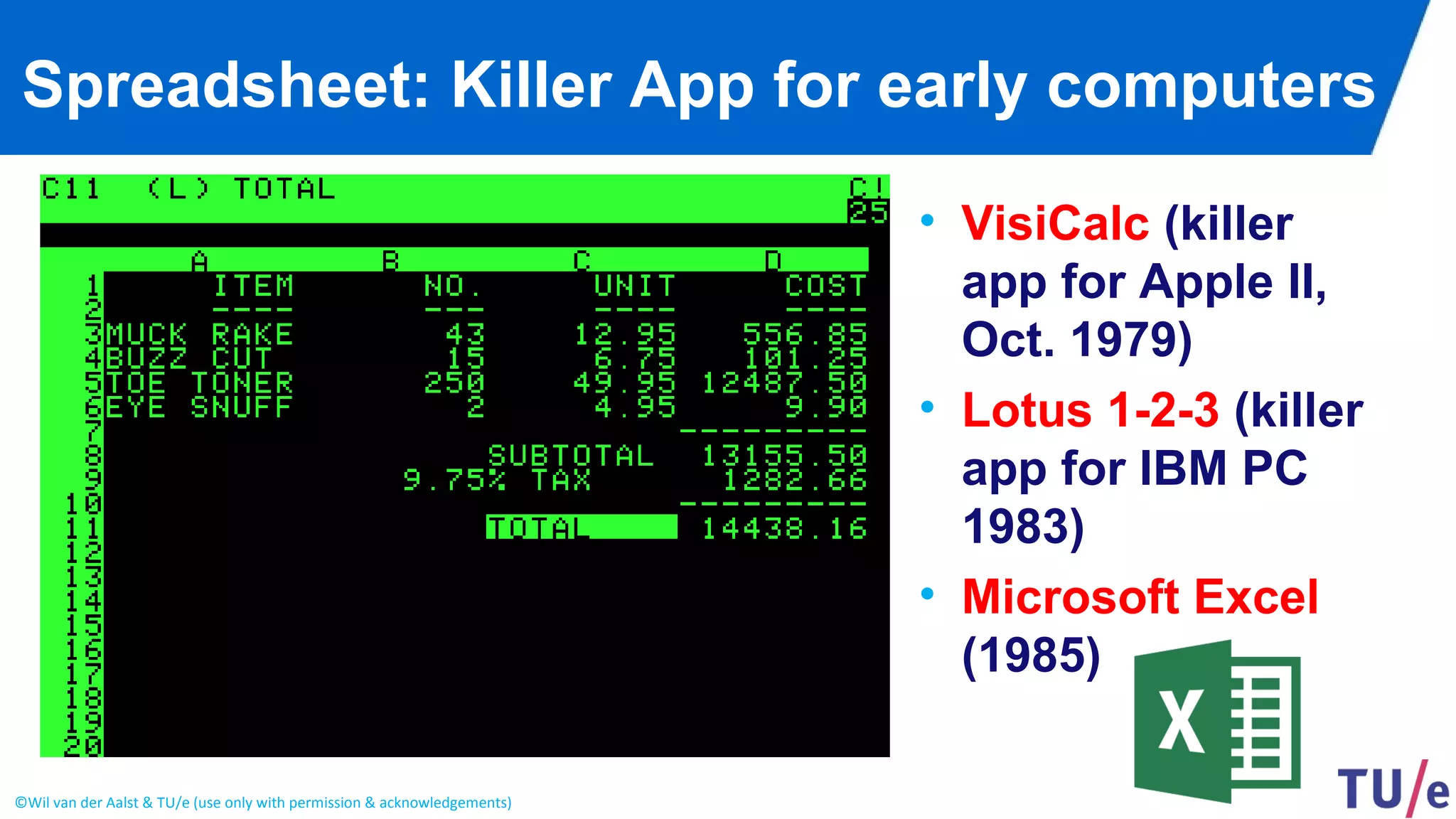 ©Wil van der Aalst & TU/e (use only with permission & acknowledgements)
Spreadsheet: Killer App for early computers
• VisiCalc (killer
app for Apple II,
Oct. 1979)
• Lotus 1-2-3 (killer
app for IBM PC
1983)
• Microsoft Excel
(1985)
 