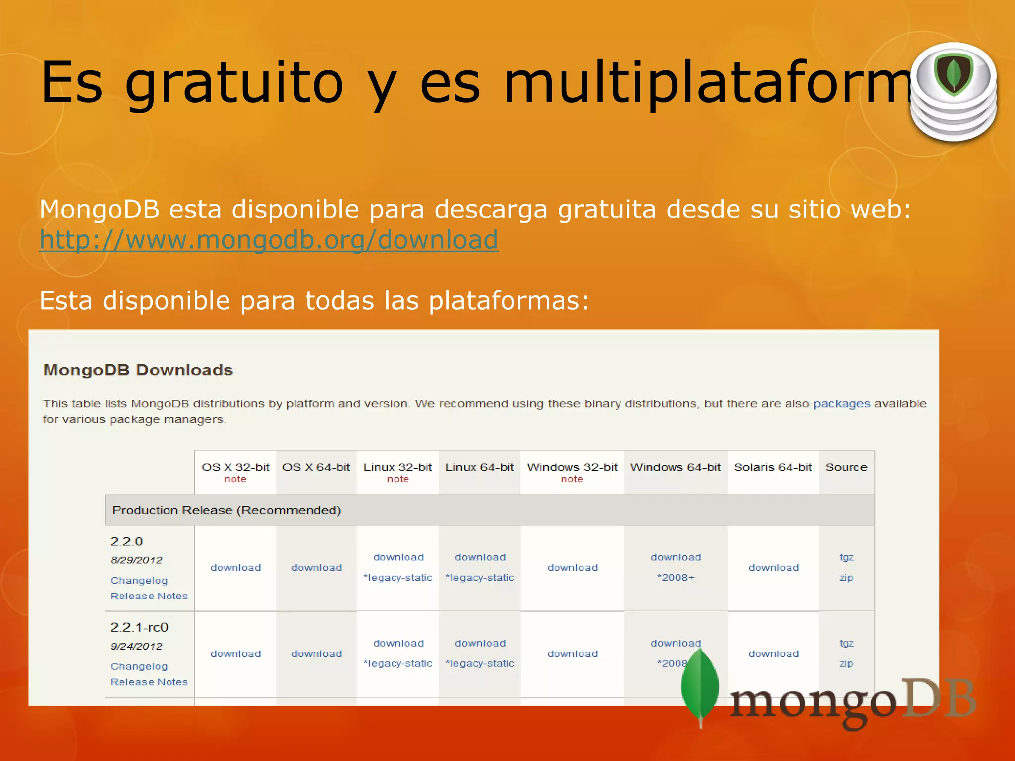 Es gratuito y es multiplataforma
MongoDB esta disponible para descarga gratuita desde su sitio web:
http://www.mongodb.org/download
Esta disponible para todas las plataformas:

 