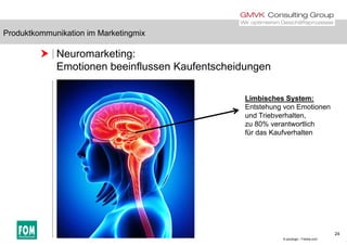 Produktkommunikation im Marketingmix
 Neuromarketing:
E i b i fl K f h id
Produktkommunikation im Marketingmix
Emotionen beeinflussen Kaufentscheidungen
Limbisches System:
Entstehung von Emotionen
und Triebverhalten,
80% t tli hzu 80% verantwortlich
für das Kaufverhalten
24
© pixologic - Fotolia.com
 