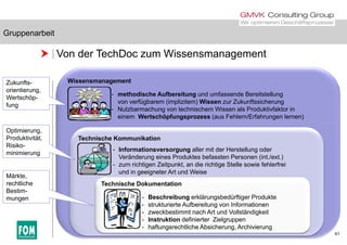 Gruppenarbeit
 Von der TechDoc zum Wissensmanagement
Gruppenarbeit
Wissensmanagement
th di h A fb it d f d B it t ll
Zukunfts-
orientierung,
- methodische Aufbereitung und umfassende Bereitstellung
von verfügbarem (implizitem) Wissen zur Zukunftssicherung
- Nutzbarmachung von technischem Wissen als Produktivfaktor in
einem Wertschöpfungsprozess (aus Fehlern/Erfahrungen lernen)
g,
Wertschöp-
fung
Technische Kommunikation
- Informationsversorgung aller mit der Herstellung oder
Optimierung,
Produktivität,
Risiko-
minimierung
g g g
Veränderung eines Produktes befassten Personen (int./ext.)
- zum richtigen Zeitpunkt, an die richtige Stelle sowie fehlerfrei
und in geeigneter Art und Weise
T h i h D k t ti
Märkte,
rechtliche
minimierung
Technische Dokumentation
- Beschreibung erklärungsbedürftiger Produkte
- strukturierte Aufbereitung von Informationen
- zweckbestimmt nach Art und Vollständigkeit
rechtliche
Bestim-
mungen
41
- zweckbestimmt nach Art und Vollständigkeit
- Instruktion definierter Zielgruppen
- haftungsrechtliche Absicherung, Archivierung
 