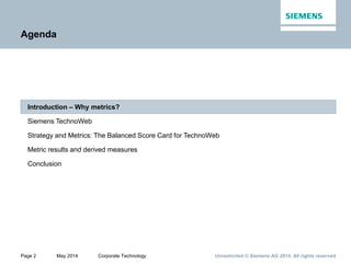 Page 2 May 2014 Corporate Technology Unrestricted © Siemens AG 2014. All rights reserved
Conclusion
Metric results and der...