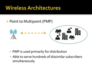Wireless ArchitecturesPoint to Multipoint (PMP)PMP is used primarily for distributionAble to serve hundreds of dissimilar subscribers simultaneously