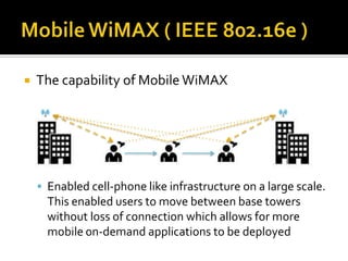 Mobile WiMAX ( IEEE 802.16e )The capability of Mobile WiMAXEnabled cell-phone like infrastructure on a large scale. This enabled users to move between base towers without loss of connection which allows for more mobile 0n-demand applications to be deployed
