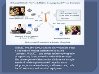 WiMAX, 802.16e-2005, stands to unify what has been a fragmented market. It promises so-called "universal WiMAX" - one access technology capable of supporting fixed, nomadic and mobile services. The convergence of demand for all three on a single standard holds unprecedented hope for mass adoption, economies of scale, and lower costs, both for infrastructure and terminal equipment. 