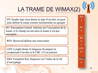 31
HT: header type nous donne le type d’en-tête, on peut
ainsi définir la trame comme incrémentale ou agrégée
EC: Encryption Control informe sur l’encryption de la
trame, si le champ est nul alors la trame n’est pas
encryptée
RSV: Reserved définie une réservation
LEN: Lenght donne la longueur du paquet en
comprenant l’en-tête et le CRC s’il est présent
EKS: Ecryption Key Sequence est l’index de la clé
d’encryptage
LA TRAME DE WIMAX(2)
 