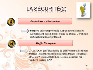 34
LA SÉCURITÉ(2)
Device/User Authentication
Supporté grâce au protocole EAP en fournissant des
supports SIM-based, USIM-based ou Digital Certificate
ou UserName/Passwordbased
L’AES-CCM est l’algorithme de chiffrement utilisée pour
protéger les données des utilisateurs à travers l’interface
MAC du Wimax Mobile. Les clés sont générées par
l’authentification EAP.
Traffic Encryption
 