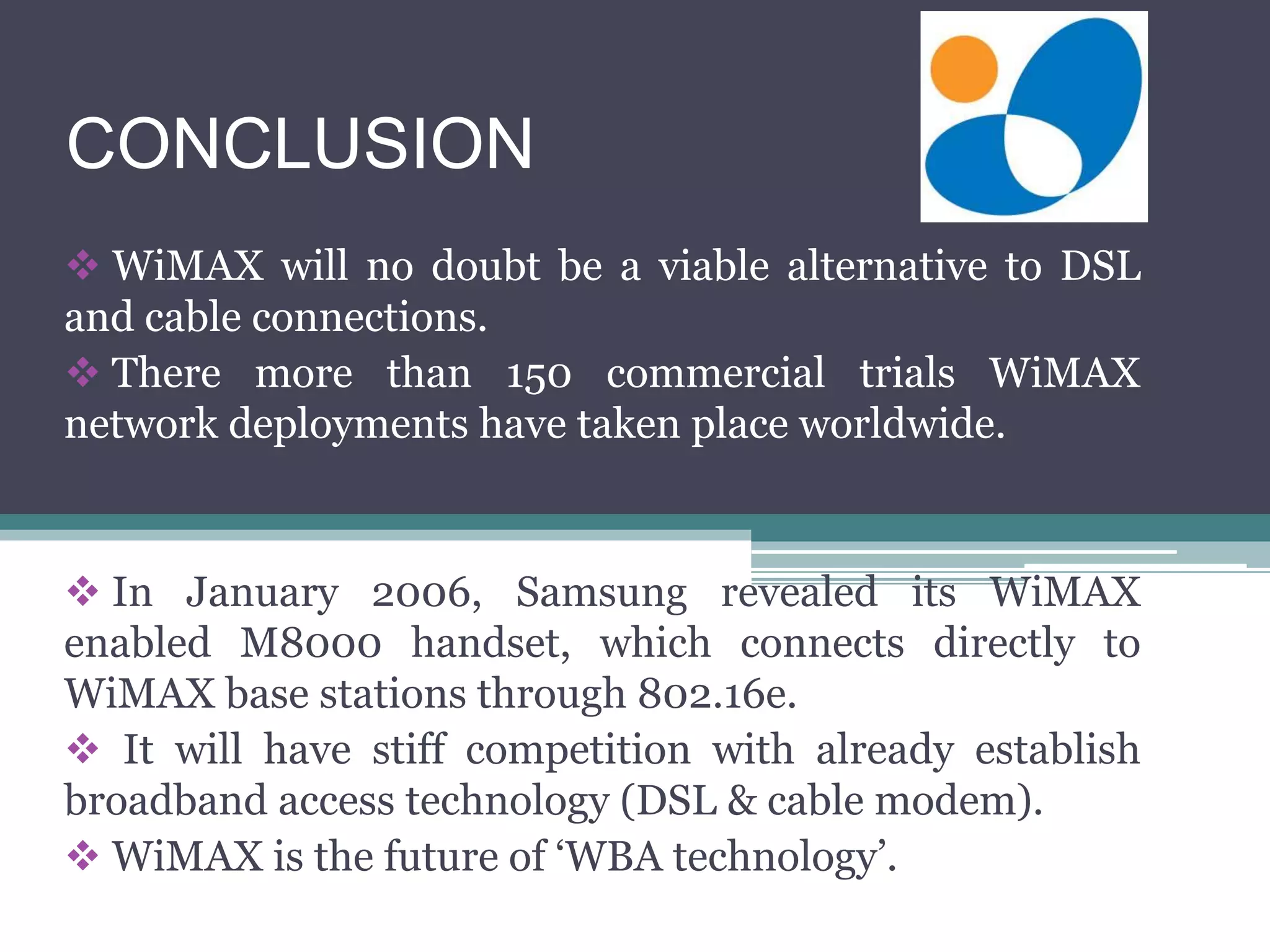 CONCLUSION
 WiMAX will no doubt be a viable alternative to DSL
and cable connections.
 There more than 150 commercial trials WiMAX
network deployments have taken place worldwide.
 In January 2006, Samsung revealed its WiMAX
enabled M8000 handset, which connects directly to
WiMAX base stations through 802.16e.
 It will have stiff competition with already establish
broadband access technology (DSL & cable modem).
 WiMAX is the future of ‘WBA technology’.
 