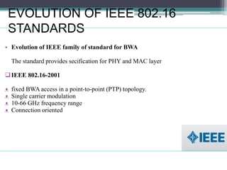 EVOLUTION OF IEEE 802.16
STANDARDS
• Evolution of IEEE family of standard for BWA
The standard provides secification for PHY and MAC layer
IEEE 802.16-2001
ᴥ fixed BWA access in a point-to-point (PTP) topology.
ᴥ Single carrier modulation
ᴥ 10-66 GHz frequency range
ᴥ Connection oriented
 