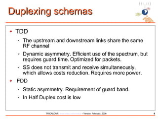 Duplexing schemas TDD The upstream and downstream links share the same RF channel Dynamic asymmetry. Efficient use of the spectrum, but requires guard time. Optimized for packets. SS does not transmit and receive simultaneously, which allows costs reduction. Requires more power. FDD Static asymmetry. Requirement of guard band. In Half Duplex cost is low 