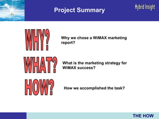 Project Summary WHY? WHAT? HOW? THE HOW Why we chose a WiMAX marketing  report? What is the marketing strategy for  WiMAX success? How we accomplished the task? 