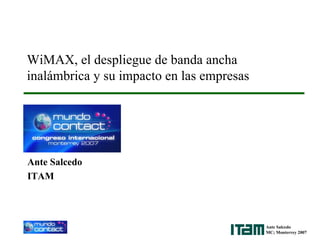 WiMAX, el despliegue de banda ancha
inalámbrica y su impacto en las empresas




Ante Salcedo
ITAM




                                           Ante Salcedo
                                           MC; Monterrey 2007