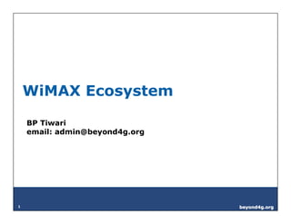 WiMAX Ecosystem

    BP Tiwari
    email: admin@beyond4g.org




1                               beyond4g.org
 