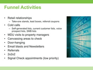 Funnel Activities  Retail relationships Take-one stands, lead boxes, referral coupons Cold calls Self-generated lists, current customer lists, voice prospect lists, SMB lists MDU visits to property managers Canvassing areas to check Door-hanging  Email blasts and Newsletters Referrals 2x2x2 Signal Check appointments (low priority) 
