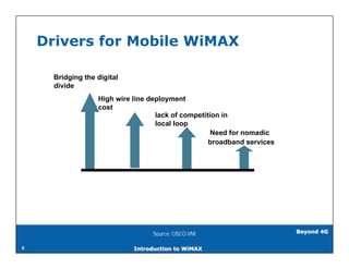 Drivers for Mobile WiMAX

      Bridging the digital
      divide
                   High wire line deployment
                   cost
                                    lack of competition in
                                    local loop
                                                     Need for nomadic
                                                    broadband services




                                  Source: CISCO VNI                      Beyond 4G


5                            Introduction to WiMAX
 