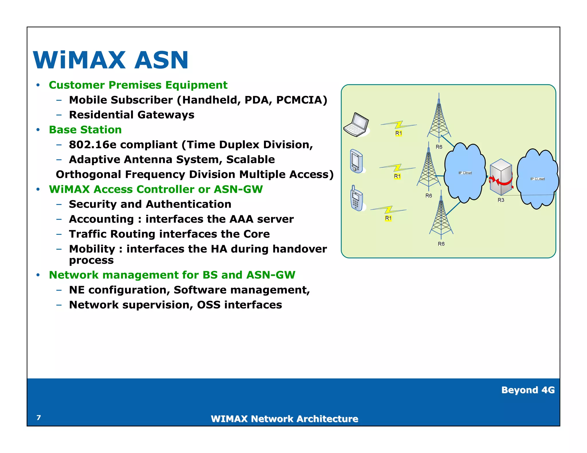 WiMAX ASN
 Customer Premises Equipment
   – Mobile Subscriber (Handheld, PDA, PCMCIA)
   – Residential Gateways
 Base Station
   – 802.16e compliant (Time Duplex Division,
   – Adaptive Antenna System, Scalable
   Orthogonal Frequency Division Multiple Access)
 WiMAX Access Controller or ASN-GW
   – Security and Authentication
   – Accounting : interfaces the AAA server
   – Traffic Routing interfaces the Core
   – Mobility : interfaces the HA during handover
     process
 Network management for BS and ASN-GW
   – NE configuration, Software management,
   – Network supervision, OSS interfaces




                                                         Beyond 4G


7                           WIMAX Network Architecture
 