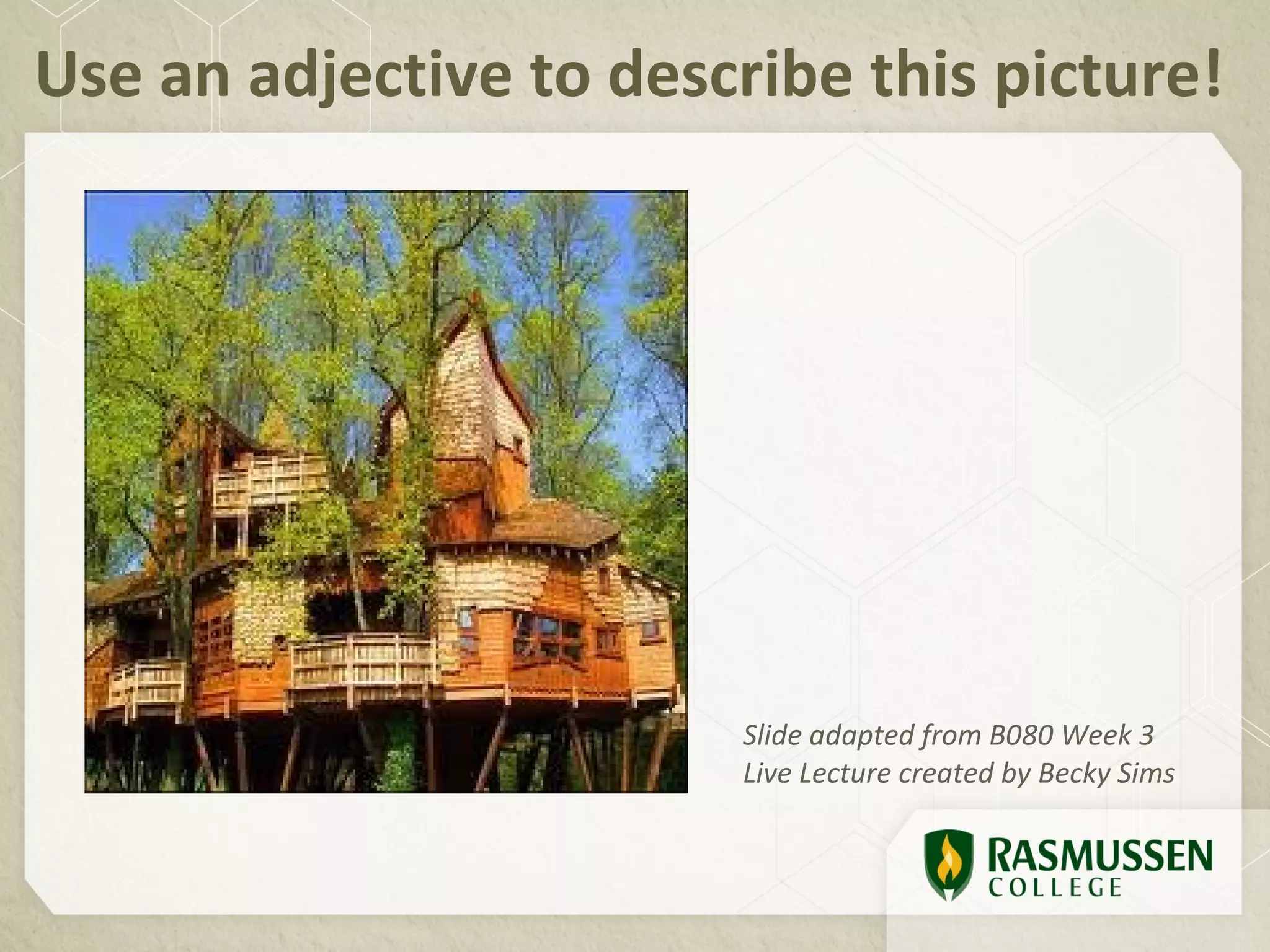 Use an adjective to describe this picture!




                         Slide adapted from B080 Week 3
                         Live Lecture created by Becky Sims
 
