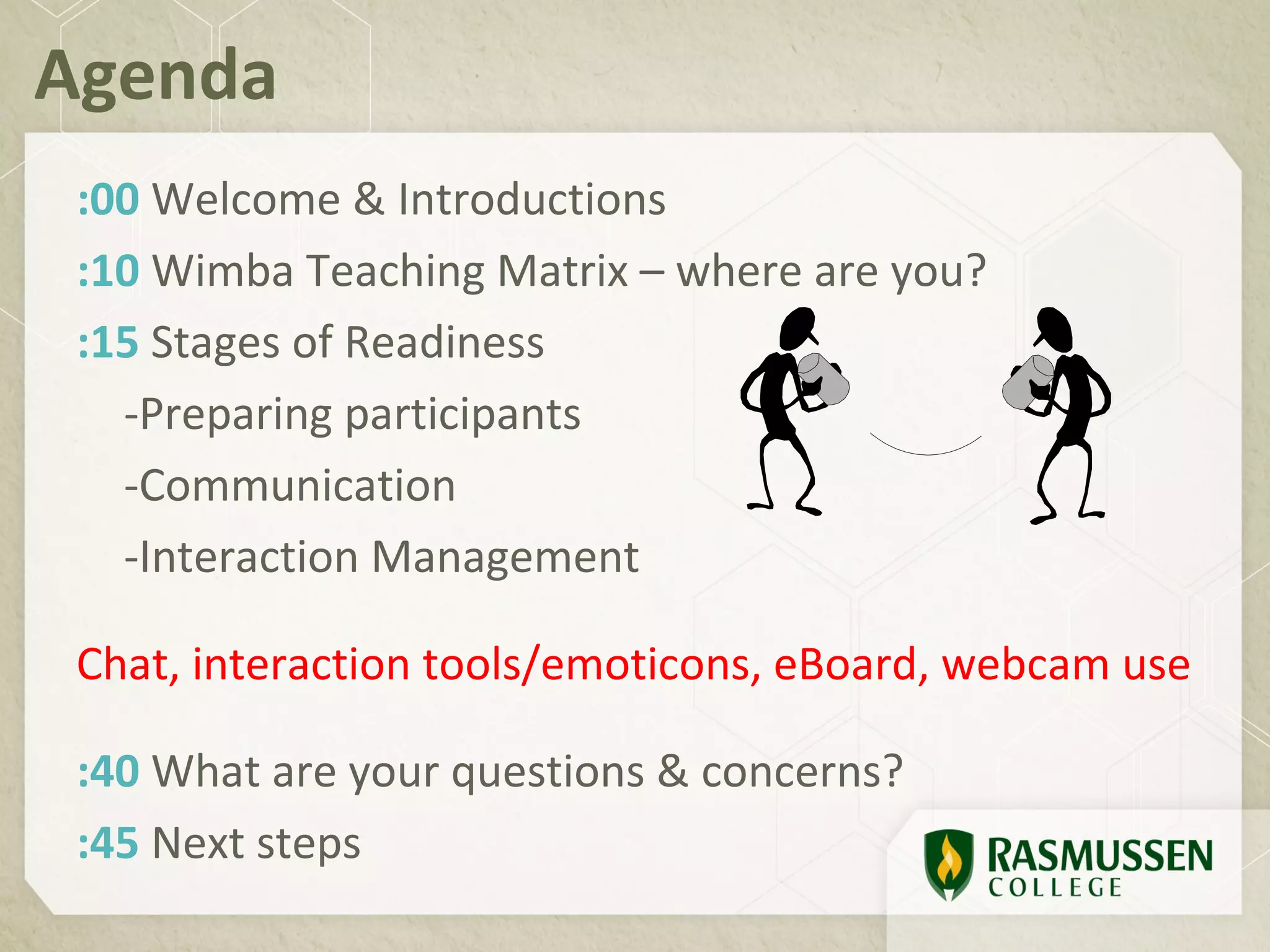 Agenda
 :00 Welcome & Introductions
 :10 Wimba Teaching Matrix – where are you?
 :15 Stages of Readiness
   -Preparing participants
   -Communication
   -Interaction Management

 Chat, interaction tools/emoticons, eBoard, webcam use

 :40 What are your questions & concerns?
 :45 Next steps
 