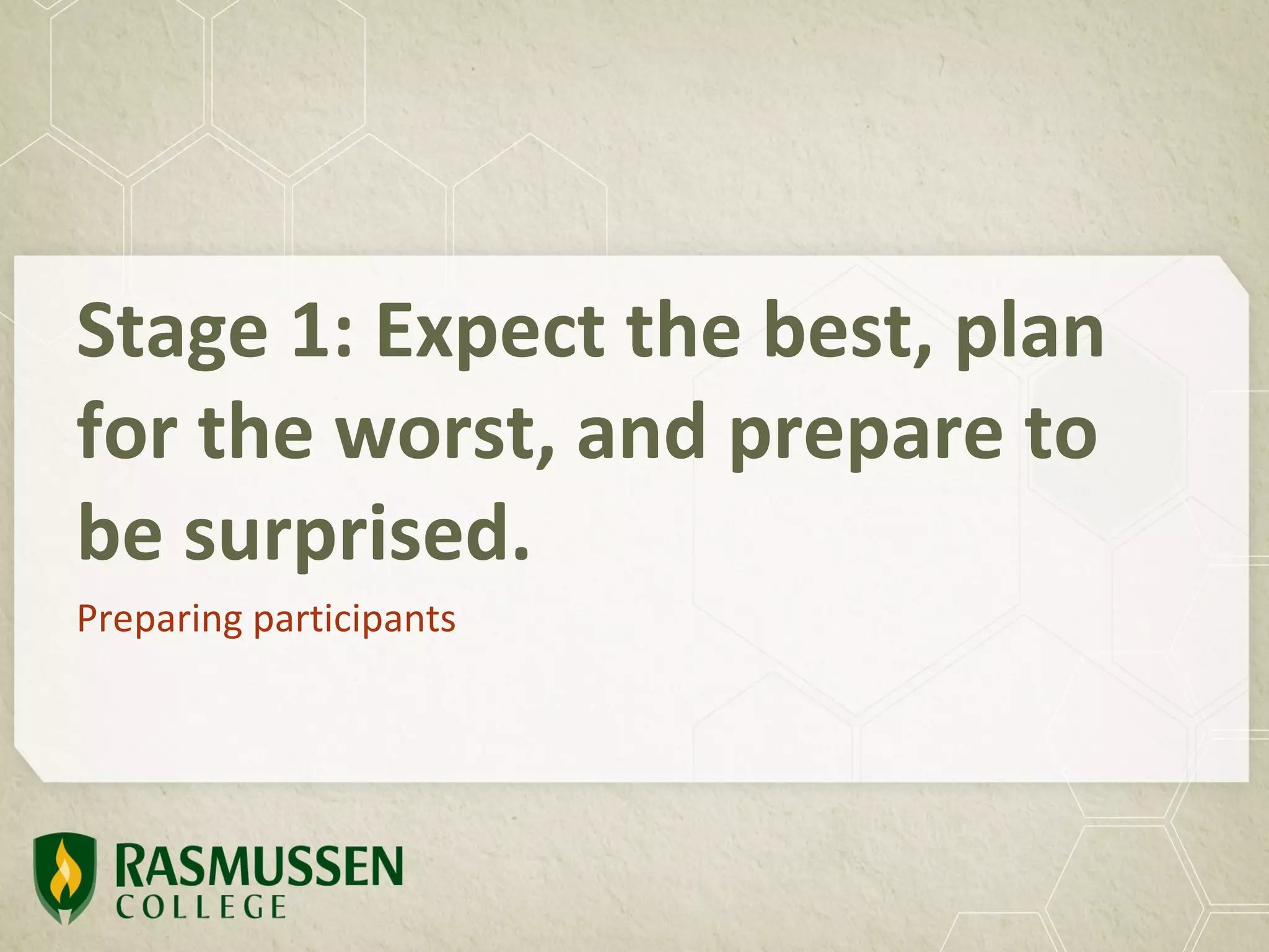 Stage 1: Expect the best, plan
for the worst, and prepare to
be surprised.
Preparing participants
 