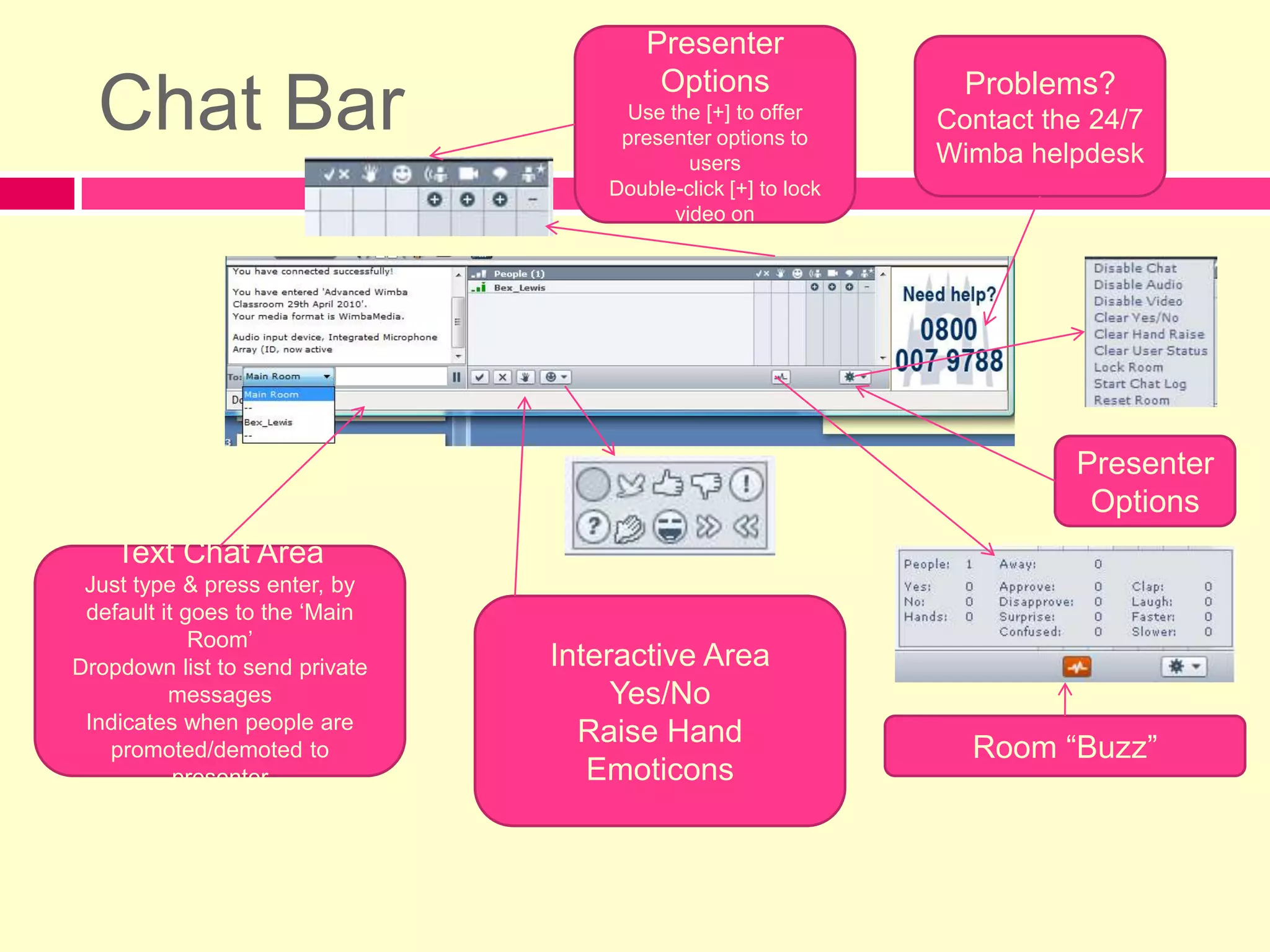 http://uowlive.wimba.com/main/classroom.html?channel=_uow_120319988Initially you have ‘participant view’, what differences can you see?Content FrameContent ChoicesMedia BarExit ClassroomLobby: All UoW classrooms beware, lots of test classroomsWimba HelpText Chat AreaParticipant Area* Drag top, bottom or sides, to resize your view of the classroom.