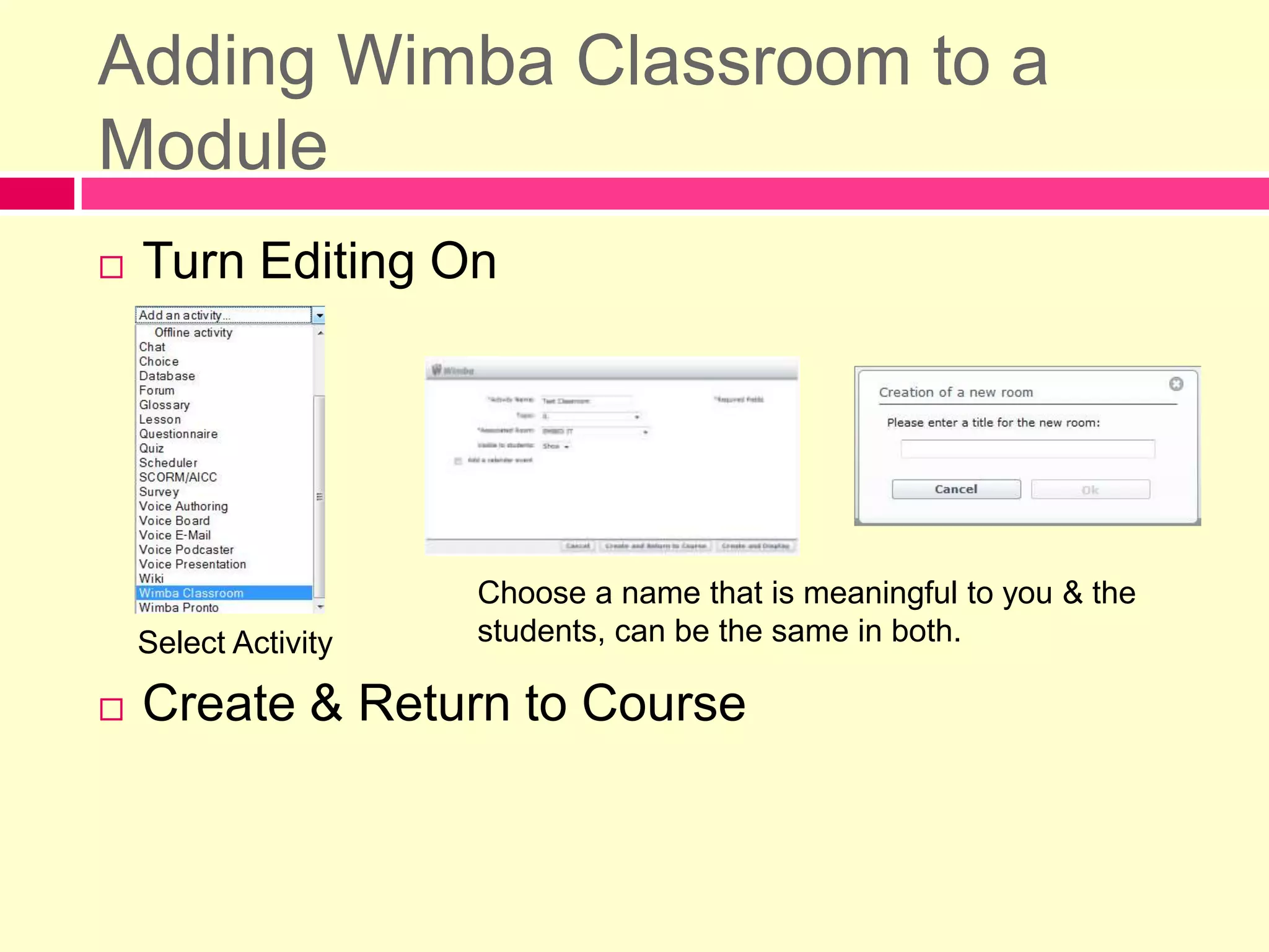 Chat BarPresenter OptionsUse the [+] to offer presenter options to usersDouble-click [+] to lock video onProblems?Contact the 24/7 Wimba helpdeskPresenter OptionsText Chat AreaJust type & press enter, by default it goes to the ‘Main Room’Dropdown list to send private messagesIndicates when people are promoted/demoted to presenterInteractive AreaYes/NoRaise HandEmoticonsRoom “Buzz”