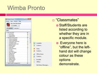 Wimba Pronto“Classmates”Staff/Students are listed according to whether they are in a specific module. Everyone here is “offline”, but the left-hand dot will change colour as these options demonstrate. 