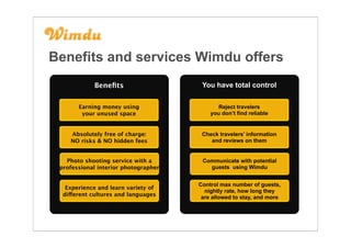 Benefits and services Wimdu offers
            Beneﬁts                    You have total control

       Earning money using                  Reject travelers
        your unused space                 you don’t find reliable


    Absolutely free of charge:         Check travelers’ information
    NO risks & NO hidden fees             and reviews on them


   Photo shooting service with a       Communicate with potential
 professional interior photographer      guests using Wimdu


                                      Control max number of guests,
   Experience and learn variety of
                                        nightly rate, how long they
  different cultures and languages     are allowed to stay, and more
 