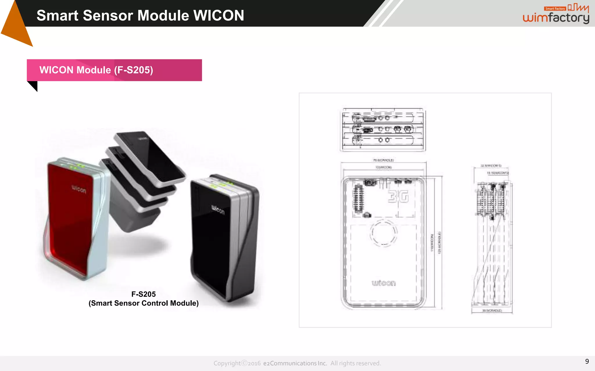 Copyrightⓒ2016 e2Communications Inc. All rights reserved.
Smart Sensor Module WICON
F-S205
(Smart Sensor Control Module)
WICON Module (F-S205)
9
 