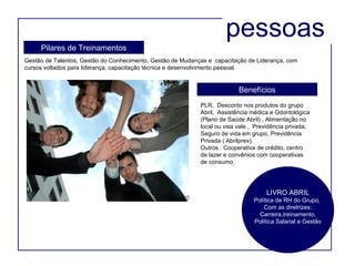 pessoas PLR,  Desconto nos produtos do grupo Abril,  Assistência médica e Odontológica (Plano de Saúde Abril) , Alimentação no local ou visa vale ,  Previdência privada,  Seguro de vida em grupo, Previdência Privada ( Abrilprev). Outros : Cooperativa de crédito, centro de lazer e convênios com cooperativas de consumo. Gestão de Talentos, Gestão do Conhecimento, Gestão de Mudanças e  capacitação de Liderança, com cursos voltados para liderança, capacitação técnica e desenvolvimento pessoal. Pilares de Treinamentos Benefícios LIVRO ABRIL Política de RH do Grupo,  Com as diretrizes: Carreira,treinamento, Política Salarial e Gestão 