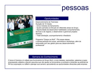 pessoas O tema é Carreira e é voltado aos funcionários do Grupo Abril, e inclui debates, exposições, palestras e jogos empresariais voltados a discutir assuntos que vão ajudar os funcionários a conhecer e entender as políticas de RH da corporação e a refletir e planejar sua carreira, aproveitando as oportunidades oferecidas pela empresa. Desenvolvimento de Trainnees Duração de 14 meses,  - Cinco módulos de treinamento, - Quatro períodos on-the-job em diferentes áreas do Grupo.  - Oportunidade de desenvolver habilidades comportamentais, técnicas e de negócio, e desenvolver e gerenciar projetos diversos,  - Total orientação, acompanhamento e feedback Programa “Cresça na Abril” : Pós essas etapas  o trainee participa de cursos, seminários e workshops, além de entrevistas com seu gestor para seu desenvolvimento profissional”  Oportunidades  Semana do Conhecimento 