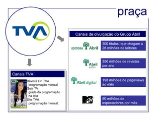 praça 300 títulos, que chegam a 28 milhões de leitores 350 milhões de revistas por ano 198 milhões de pageviews ao mês 50 milhões de espectadores por mês Canais de divulgação do Grupo Abril Revista On TVA   programação mensal Guia TV   grade da programação   na tela Site TVA    programação mensal. Canais TVA 
