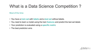 Most of the time:
•  You have a train set with labels and a test set without labels.
•  You need to learn a model using the train features and predict the test set labels
•  Your prediction is evaluated using a specific metric
•  The best prediction wins
What is a Data Science Competition ?
 