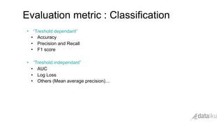 •  “Treshold dependant”
•  Accuracy
•  Precision and Recall
•  F1 score
•  “Treshold independant”
•  AUC
•  Log Loss
•  Others (Mean average precision)…
Evaluation metric : Classification
 