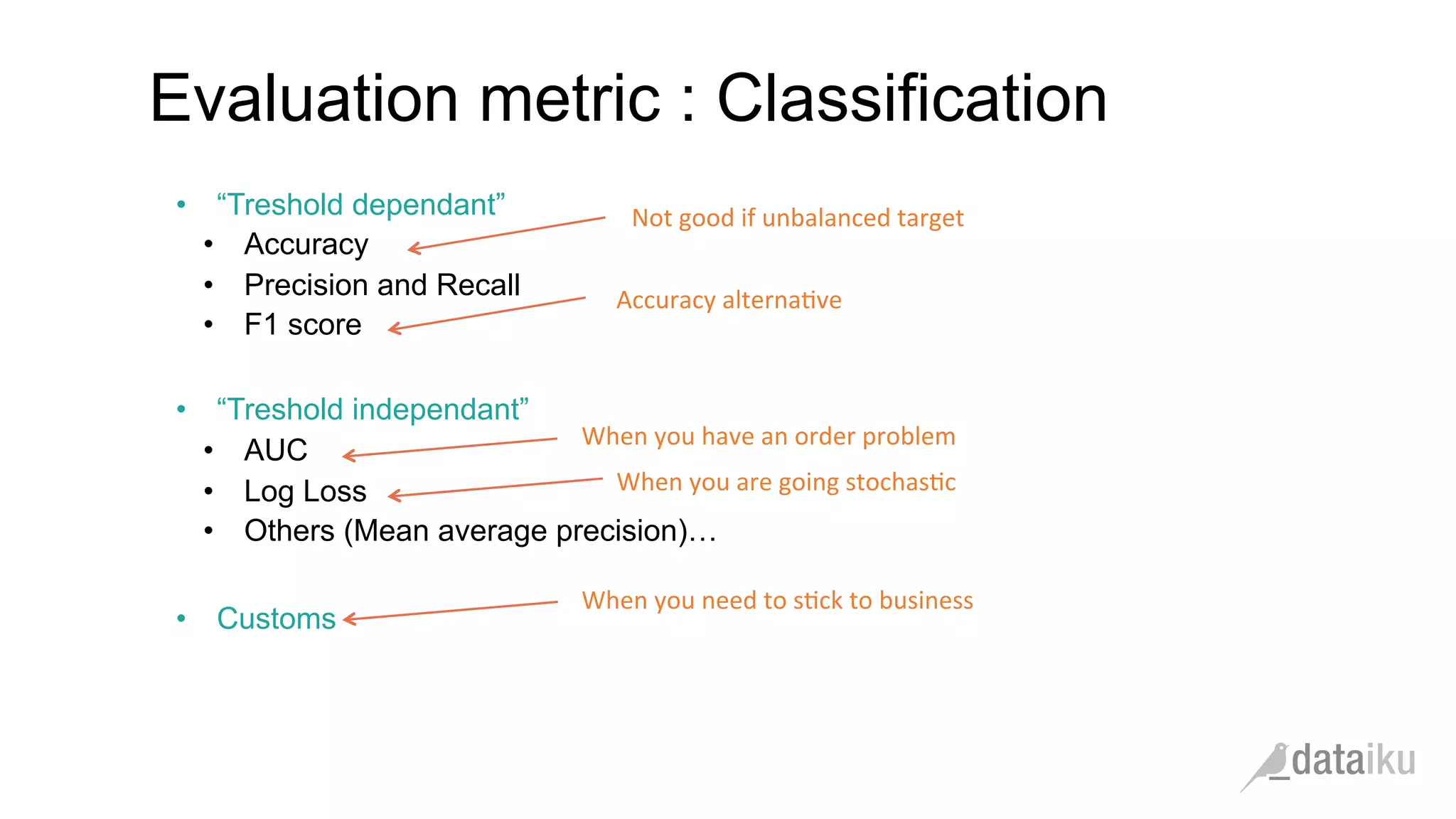 •  “Treshold dependant”
•  Accuracy
•  Precision and Recall
•  F1 score
•  “Treshold independant”
•  AUC
•  Log Loss
•  Others (Mean average precision)…
•  Customs
Evaluation metric : Classification
Not	
  good	
  if	
  unbalanced	
  target	
  
When	
  you	
  have	
  an	
  order	
  problem	
  	
  
When	
  you	
  are	
  going	
  stochas(c	
  
When	
  you	
  need	
  to	
  s(ck	
  to	
  business	
  
Accuracy	
  alterna(ve	
  
 