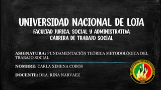 UNIVERSIDAD NACIONAL DE LOJA
FACULTAD JURICA, SOCIAL Y ADMINISTRATIVA
CARRERA DE TRABAJO SOCIAL
ASIGNATURA: FUNDAMENTACIÓN TEÓRICA METODOLÓGICA DEL
TRABAJO SOCIAL
NOMBRE: CARLA XIMENA COBOS
DOCENTE: DRA. RINA NARVAEZ
 