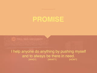 I help anyone do anything by pushing myself
and to always be there in need.
 

[WHO?] [WHAT?] [HOW?]
PROMISE
 