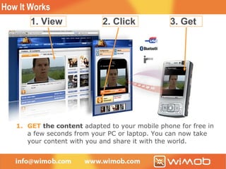 Browse web page and look for available Wimob (Web to Mobile) content What you  VIEW  may be adapted automatically to your mobile phone CLICK  on the Wimob to open the application with a dynamic interface adapted to the website Choose the connection type (bluetooth, Wi-Fi, IrDa or USB). Just once per mobile phone GET  the content  adapted to your mobile phone for free in a few seconds from your PC or laptop. You can now take your content with you and share it with the world. 1. View How It Works 2. Click 3. Get 