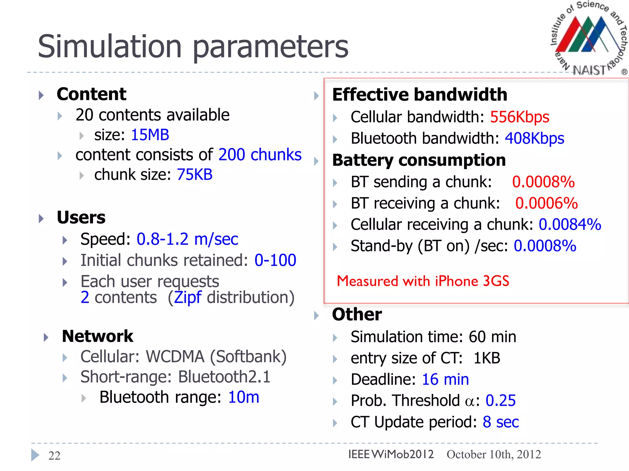 Simulation parameters
22
 Content
 20 contents available
 size: 15MB
 content consists of 200 chunks
 chunk size: 75KB
 Users
 Speed: 0.8-1.2 m/sec
 Initial chunks retained: 0-100
 Each user requests
2 contents (Zipf distribution)
 Network
 Cellular: WCDMA (Softbank)
 Short-range: Bluetooth2.1
 Bluetooth range: 10m
 Effective bandwidth
 Cellular bandwidth: 556Kbps
 Bluetooth bandwidth: 408Kbps
 Battery consumption
 BT sending a chunk: 0.0008%
 BT receiving a chunk: 0.0006%
 Cellular receiving a chunk: 0.0084%
 Stand-by (BT on) /sec: 0.0008%
 Other
 Simulation time: 60 min
 entry size of CT: 1KB
 Deadline: 16 min
 Prob. Threshold : 0.25
 CT Update period: 8 sec
October 10th, 2012IEEEWiMob2012
Measured with iPhone 3GS
 