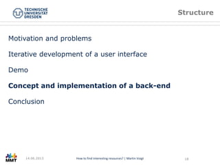 Titel der Präsentation Folie Nr. 18 von XYZHow to find interesting resources? | Martin Voigt 18
Structure
Motivation and problems
Iterative development of a user interface
Demo
Concept and implementation of a back-end
Conclusion
14.06.2013
 