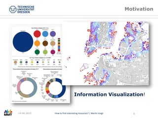Titel der Präsentation Folie Nr. 5 von XYZHow to find interesting resources? | Martin Voigt 5
How to get insights from the data?
Information Visualization!
Motivation
14.06.2013
 