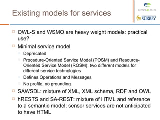 Existing models for services
 OWL-S and WSMO are heavy weight models: practical
use?
 Minimal service model
 Deprecated
 Procedure-Oriented Service Model (POSM) and Resource-
Oriented Service Model (ROSM): two different models for
different service technologies
 Defines Operations and Messages
 No profile, no grounding
 SAWSDL: mixture of XML, XML schema, RDF and OWL
 hRESTS and SA-REST: mixture of HTML and reference
to a semantic model; sensor services are not anticipated
to have HTML
 