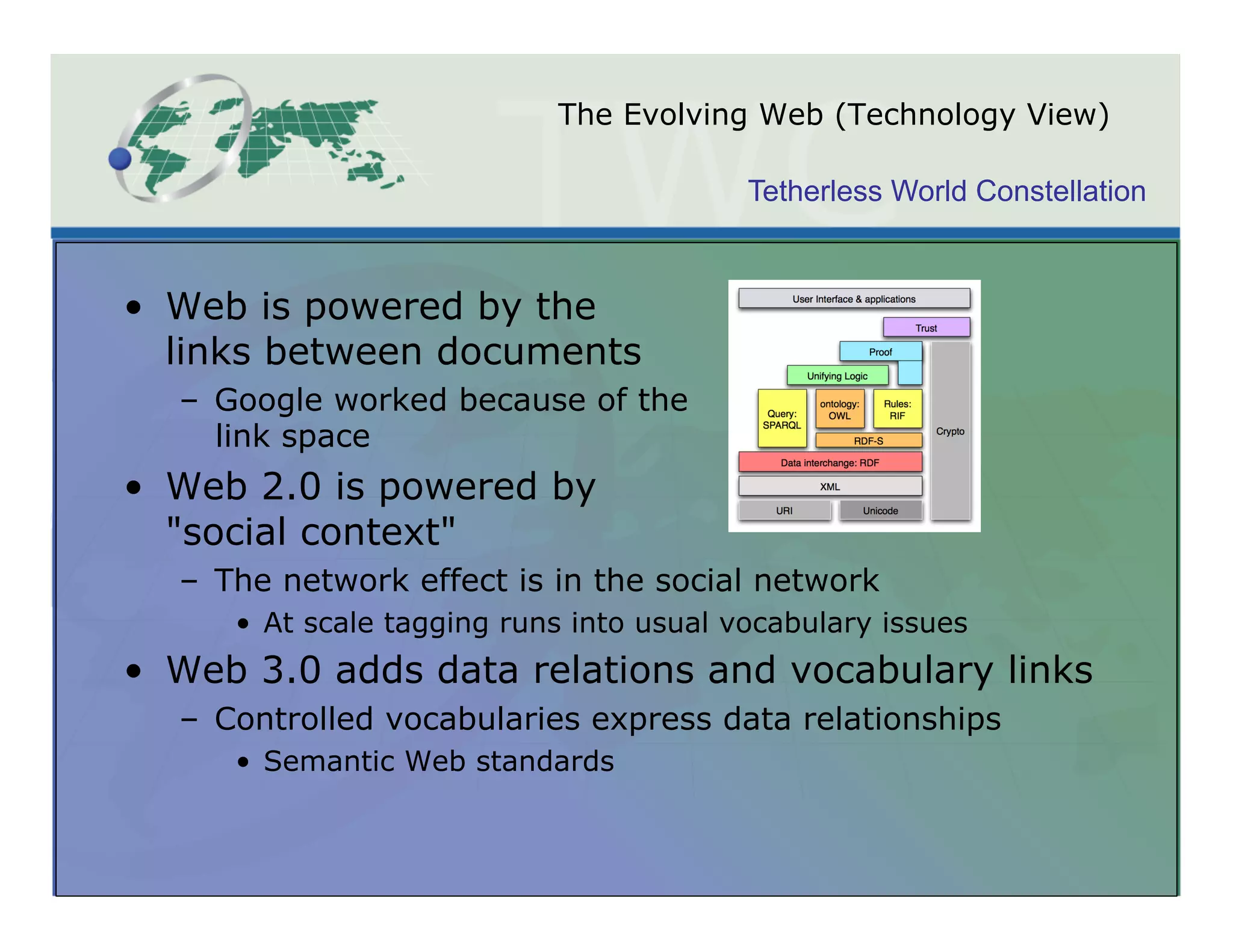 The Evolving Web (Technology View)

                                          Tetherless World Constellation



•  Web is powered by the
   links between documents
  –  Google worked because of the
     link space
•  Web 2.0 is powered by
   "social context"
  –  The network effect is in the social network
     •  At scale tagging runs into usual vocabulary issues
•  Web 3.0 adds data relations and vocabulary links
  –  Controlled vocabularies express data relationships
     •  Semantic Web standards
 