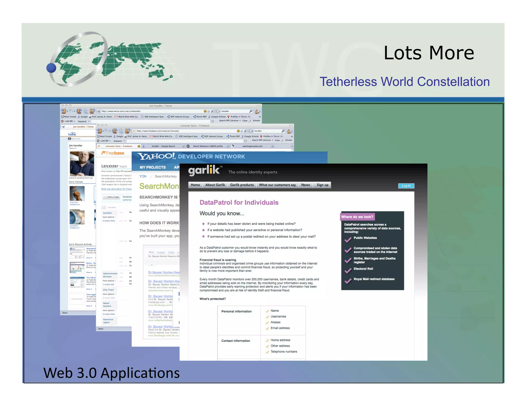 Lots More
                                Tetherless World Constellation




Web	
  3.0	
  Applica<ons	
  
 