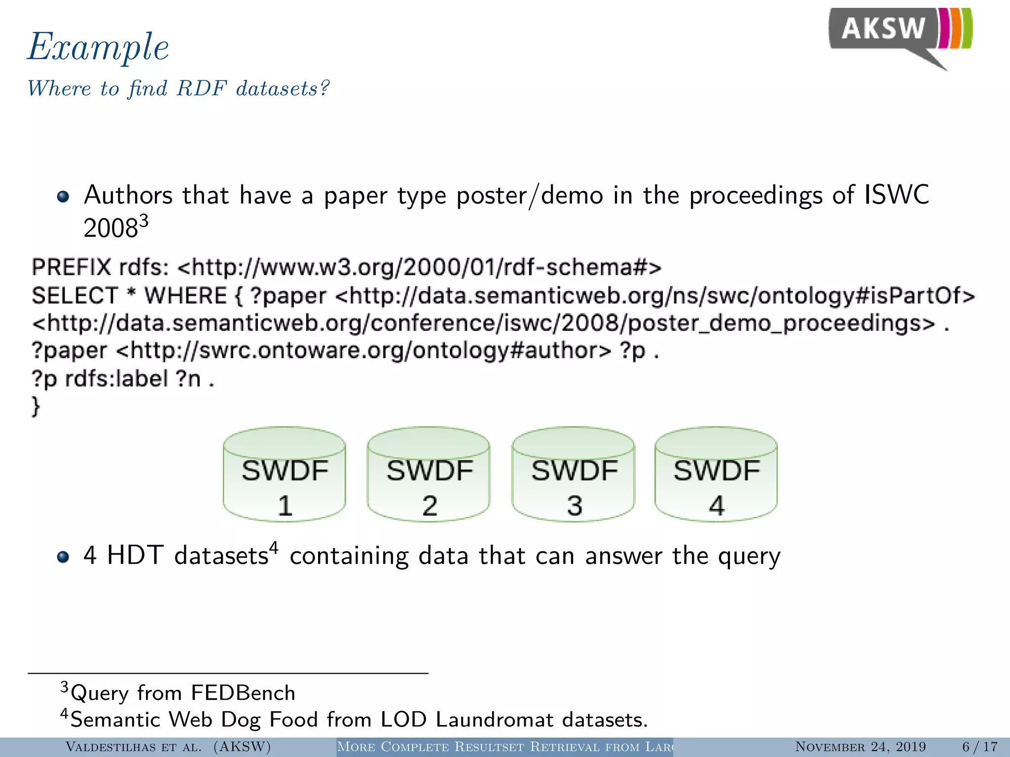 Example
Where to ﬁnd RDF datasets?
Authors that have a paper type poster/demo in the proceedings of ISWC
20083
4 HDT datasets4
containing data that can answer the query
3Query from FEDBench
4Semantic Web Dog Food from LOD Laundromat datasets.
Valdestilhas et al. (AKSW) More Complete Resultset Retrieval from Large Heterogeneous RDF SourcesNovember 24, 2019 6 / 17
 