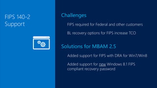 FIPS 140-2
Support
Challenges
FIPS required for Federal and other customers
BL recovery options for FIPS increase TCO
Solutions for MBAM 2.5
Added support for FIPS with DRA for Win7/Win8
Added support for new Windows 8.1 FIPS
compliant recovery password
 