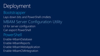 Lays down bits and PowerShell cmdlets
UI for server configuration
Can export PowerShell
Enable-MbamDatabase
Enable-MbamReports
Enable-MbamWebApplication
Enable-MbamCMIntegration
 