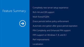 Feature Summary
Completely new server setup experience
Rich HA and DR support
Multi-forest/FQDN
Grace periods before policy enforcement
Automatic encryption after grace period expiration
PIN Complexity and Enhanced PIN support
FIPS support on Windows 7, 8, and 8.1
Perf improvements
Localization
 