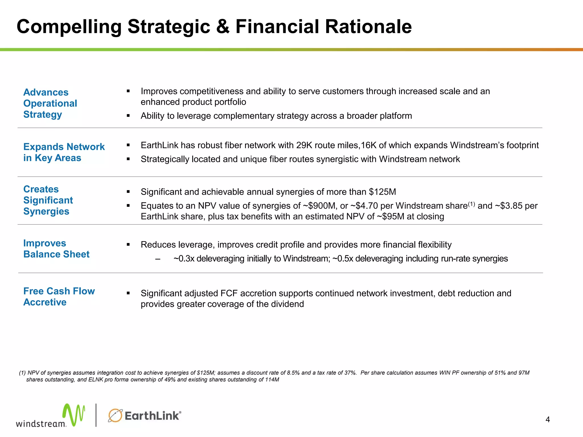 Compelling Strategic & Financial Rationale
Improves
Balance Sheet
Creates
Significant
Synergies
Expands Network
in Key Areas
Advances
Operational
Strategy
 EarthLink has robust fiber network with 29K route miles,16K of which expands Windstream’s footprint
 Strategically located and unique fiber routes synergistic with Windstream network
 Significant and achievable annual synergies of more than $125M
 Equates to an NPV value of synergies of ~$900M, or ~$4.70 per Windstream share(1) and ~$3.85 per
EarthLink share, plus tax benefits with an estimated NPV of ~$95M at closing
 Reduces leverage, improves credit profile and provides more financial flexibility
– ~0.3x deleveraging initially to Windstream; ~0.5x deleveraging including run-rate synergies
 Significant adjusted FCF accretion supports continued network investment, debt reduction and
provides greater coverage of the dividend
Free Cash Flow
Accretive
 Improves competitiveness and ability to serve customers through increased scale and an
enhanced product portfolio
 Ability to leverage complementary strategy across a broader platform
(1) NPV of synergies assumes integration cost to achieve synergies of $125M; assumes a discount rate of 8.5% and a tax rate of 37%. Per share calculation assumes WIN PF ownership of 51% and 97M
shares outstanding, and ELNK pro forma ownership of 49% and existing shares outstanding of 114M
4
 